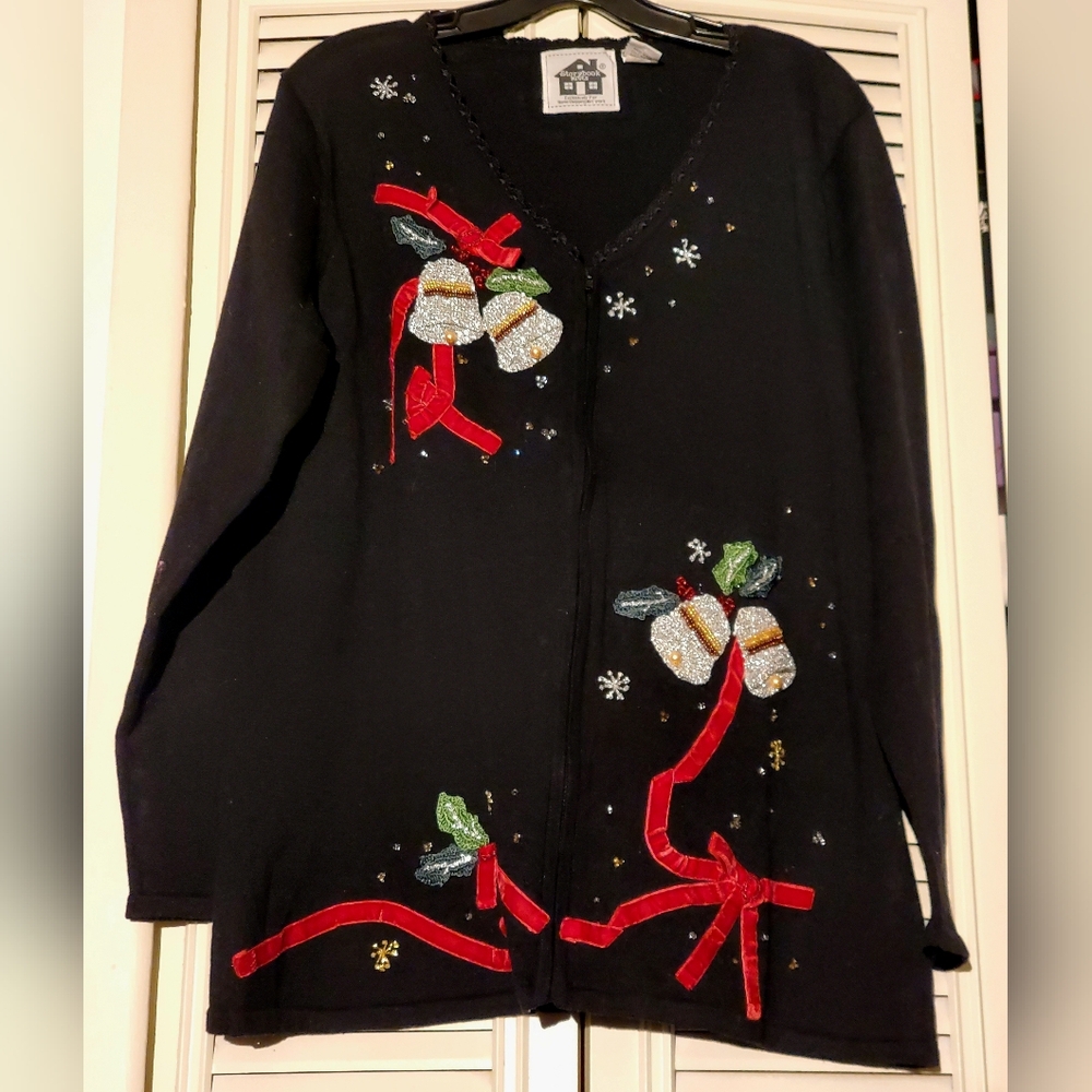 Like new! Vintage Storybook Knits jingle bells zip sweater with velvet bows